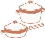 Illustration of two covered cookware items: a pot with side handles and a pan with a long handle, both shown in a simple, brown outline style.