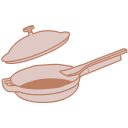 A simple illustration of a frying pan with a long handle, a spatula resting inside it, and a lid hovering above.
