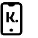 Black outline of a smartphone with a large letter K and two dots, one after the K and one below, on a white background.