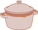 A simple, brown, hand-drawn illustration of a lidded cooking pot with two handles, viewed from an angle.